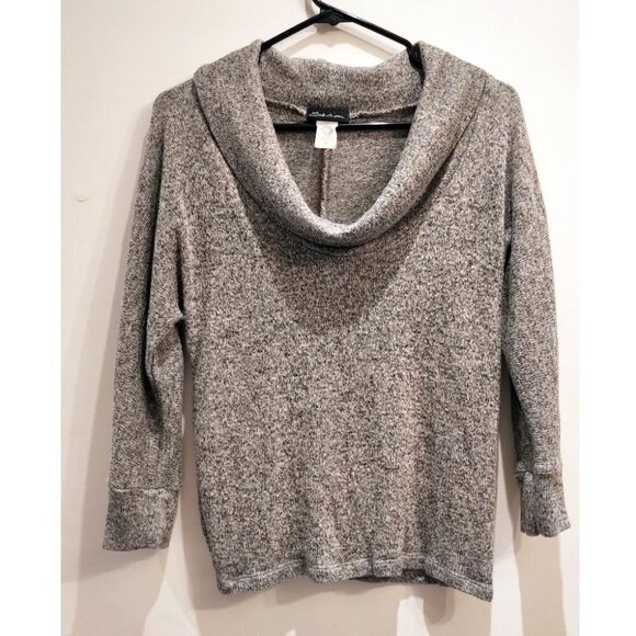 🍁2/30🍁Vintage Y2K Sweater Knit Cowl Neck 3/4 length Dolman Sleeve Salt+Pepper - Picture 2 of 15